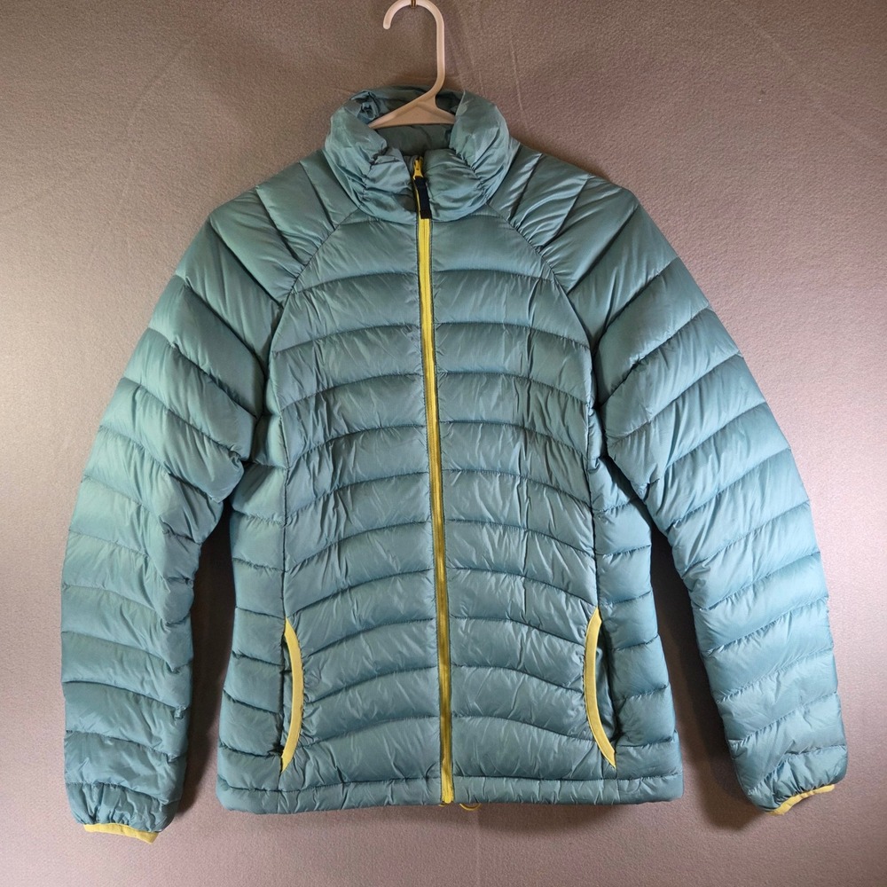 prAna Lyra Down Puffer Jacket Teal Blue Yellow Womens XS Ripstop Full Zip